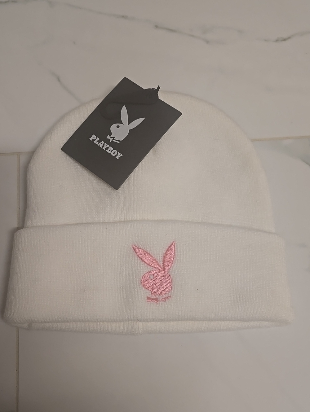PLAYBOY White Beanie with Pink Bunny Embroidery